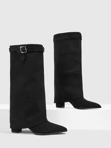 CUCCOO SZL Maillard Retro Style Women Autumn And Winter Shopping Dating Side Silver Square Buckle Solid Color Pointed Head Tall Tube Thick Heel Flanged Stack Ple - Black - View 1