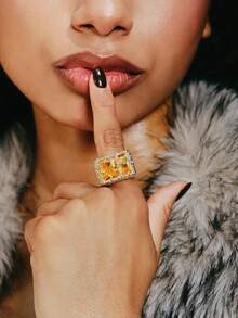 Popjeli Niche Retro Texture Design Open Ring, White K Silver Retro Ring, Niche Retro Texture Design - Silver - Yellow Diamond - View 3