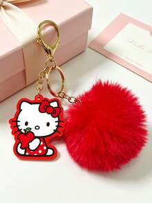 HELLO KITTY AND FRIENDS | SHEIN 1 Gantungan Kunci Hello Kitty dengan Pom-Pom Merah Berbulu, Liontin Tas Motif Apel Lucu, Desain Jepitan Lobster, Ornamen Dekorasi Portabel untuk Kunci, Ransel, Dompet, Hadiah Koleksi yang Bagus untuk Penggemar Kitty - Merah - View 6