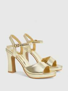 CUCCOO LuxiPop Elegant Celebrity Style Exquisite Girls Wedding Banquet Summer Solid Color Open-Toed Low-Top Thick-Heeled Sandals - Gold - View 1