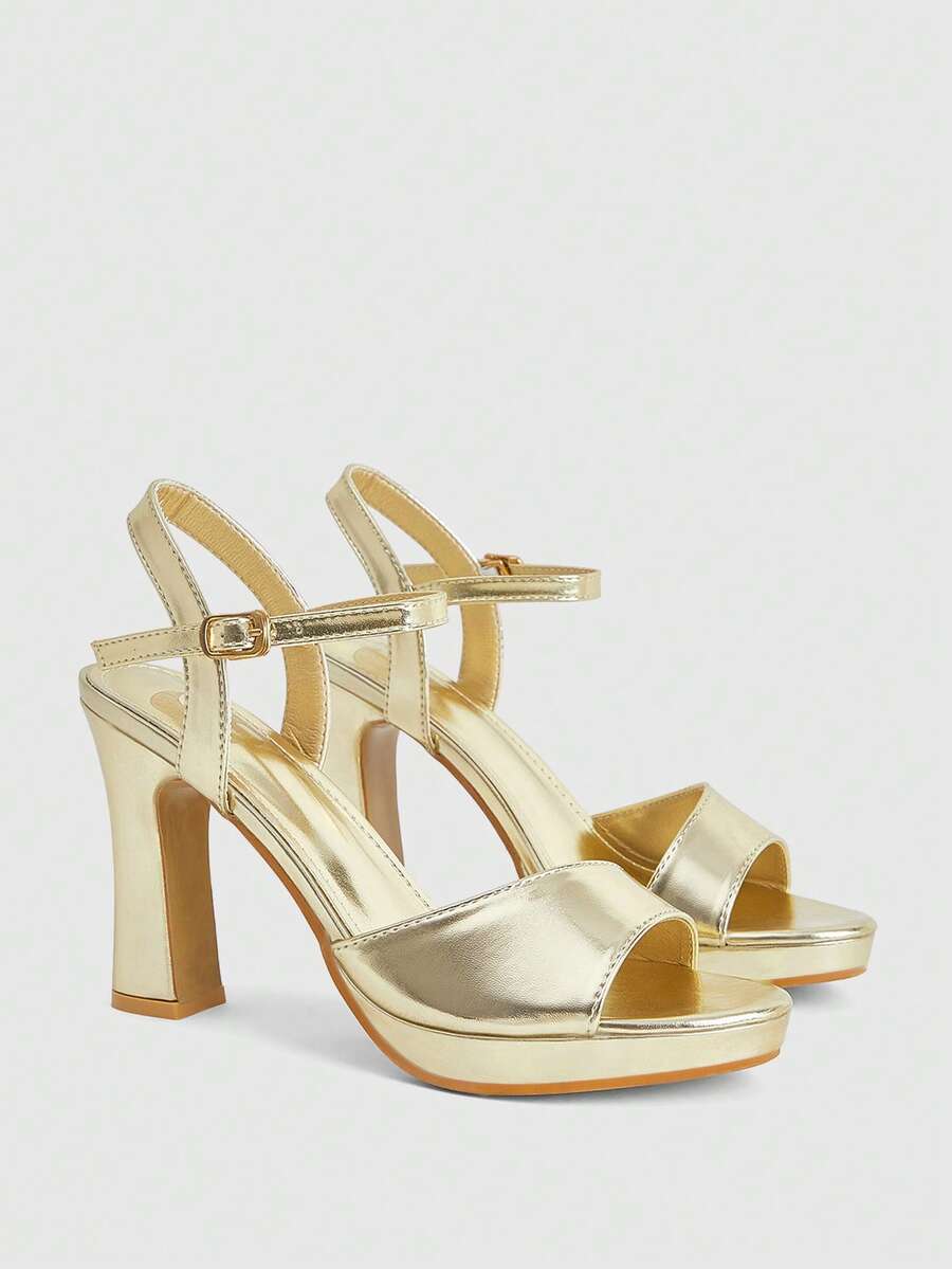 CUCCOO LuxiPop Elegant Celebrity Style Exquisite Girls Wedding Banquet Summer Solid Color Open-Toed Low-Top Thick-Heeled Sandals - Gold - View 1