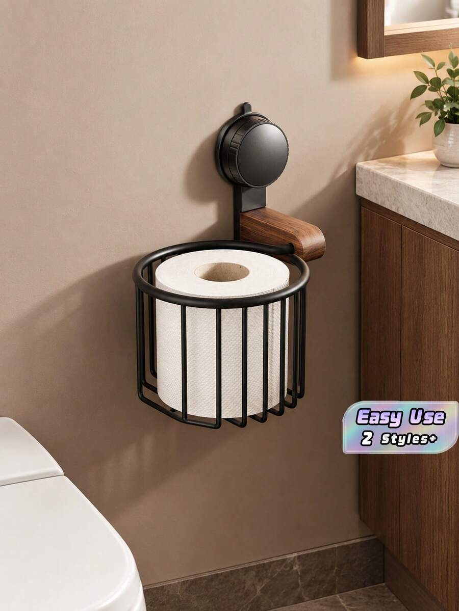 Suction‑Cup Walnut‑Look Bathroom Toilet Paper Holder, No‑Drill Wall‑Mount Tissue Storage Rack For Restroom & Washroom - Multicolor - View 1