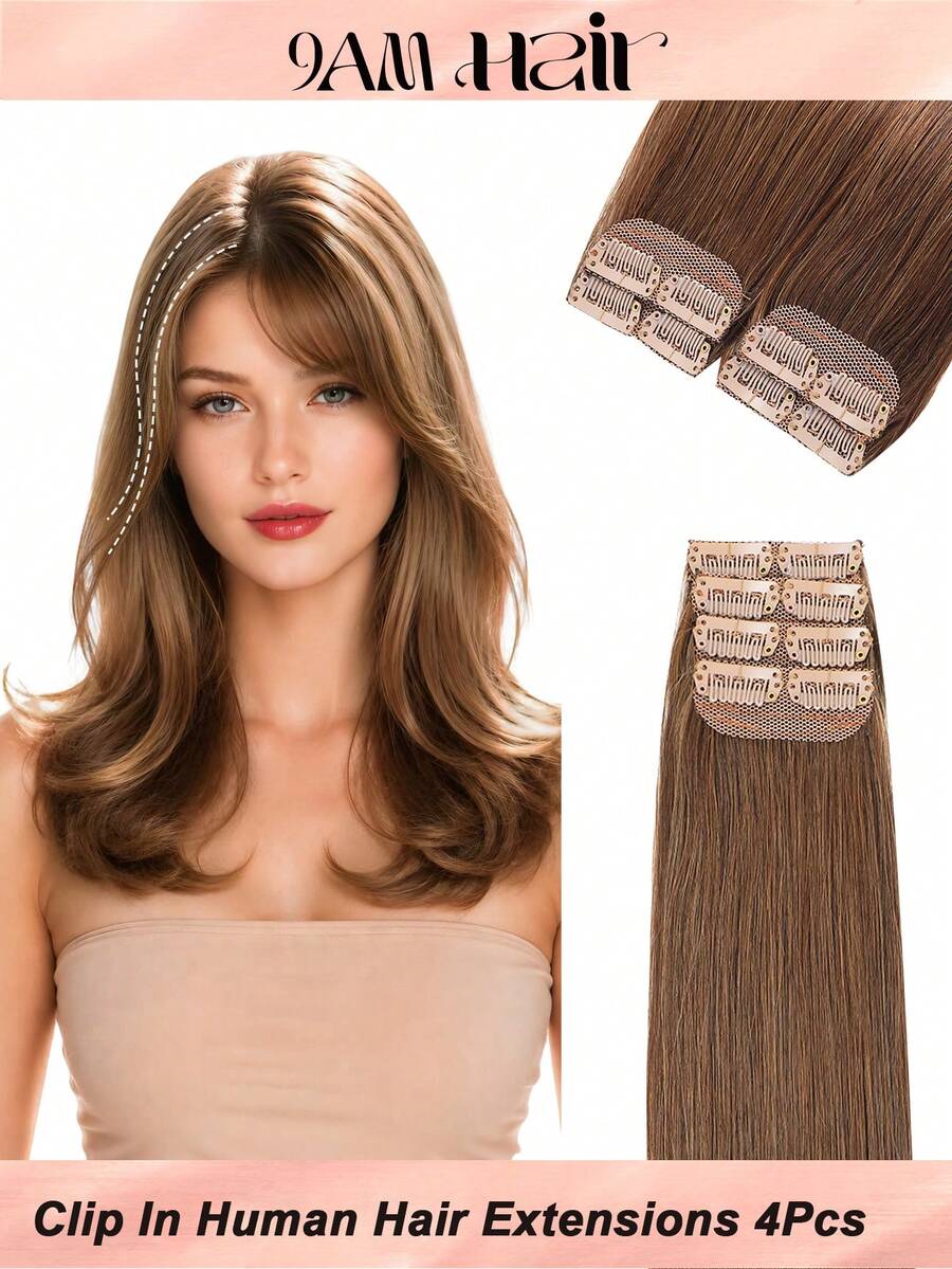 4PCS With 8 Clips Straight Clip In Hair Extensions 100% Real Human Hair Color 4# Light Brown 12-18 Inch Double Weft Invisible Clip Hair Extensions Remy Natural Human Hair For Women Girl Daily Full Head Use - S4 - View 1