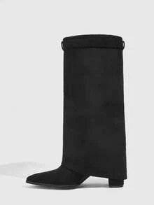 CUCCOO SZL Maillard Retro Style Women Autumn And Winter Shopping Dating Side Silver Square Buckle Solid Color Pointed Head Tall Tube Thick Heel Flanged Stack Ple - Black - View 5