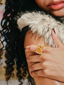 Popjeli Niche Retro Texture Design Open Ring, White K Silver Retro Ring, Niche Retro Texture Design - Silver - Yellow Diamond - View 1