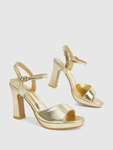 CUCCOO LuxiPop Elegant Celebrity Style Exquisite Girls Wedding Banquet Summer Solid Color Open-Toed Low-Top Thick-Heeled Sandals - Gold - View 4