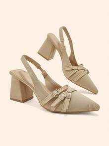 CUCCOO BASICS Women Shoes Pointed Thick High Heel Apricot Knitted Multi-Strip Buckle Comfortable And Breathable Daily Versatile Commuter Women's High Heel Shoes Fall Shoes - Apricot 5 - View 2