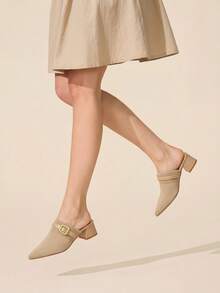 CUCCOO BASICS Women's Spring And Summer New Square Buckle Strip With Pointed Toe Thick Heel Khaki Knitted Women's High-Heeled Shoes Comfortable Commuting Fall Shoes - Khaki - View 6
