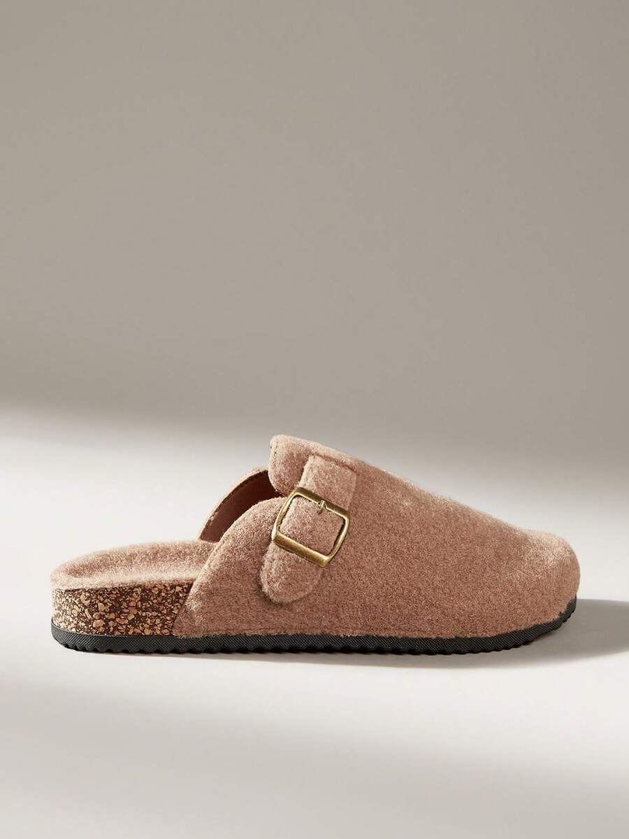 Solecia Women's Felt Buckle Closed Toe Half Trailer, Light Camel Round Toe Cork Inner Bottom Mule Trailer, Casual Slip-On Sandals For Autumn And Winter - Light camel - View 1