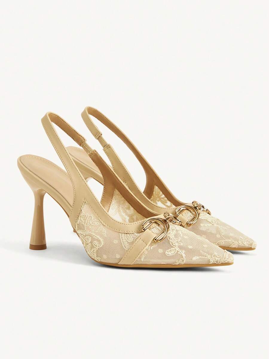 CUCCOO CHICEST Metal Double D Buckle Apricot Lace Embroidery Pointed Back Empty Sandals Women - Apricot - View 1