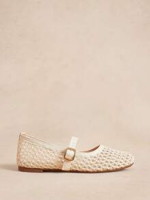 Rosivie New Women's Popular Summer Fashion Simple Solid Color Splicing Mesh Woven Mesh Design, One Pedal Round Toe With Adjustable Buckle Flat Beige - Beige - View 2