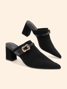 CUCCOO BASICS Women's Pointed Toe High Thick Heel Black Knitted Surface Buckle Women's Rear Empty Shoes Daily Commuting Elegant Breathable Elegant High - Black - View 3