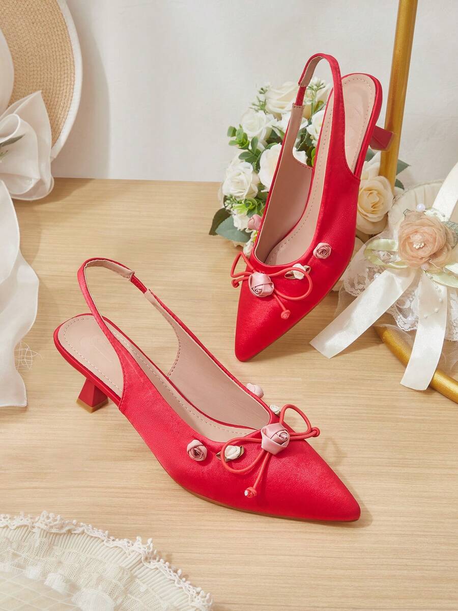 CUCCOO HITCHD Pointed Short Heel Elegant Flower Women's High Heel Shoes - bright red - View 1