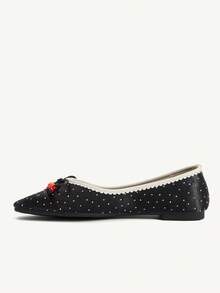 CUCCOO CHICEST Fashion Elegant Gentle Versatile Polka Dot Bow Beaded Flat Bottom Low Vamp Commuter Black Shoes - Black - View 6