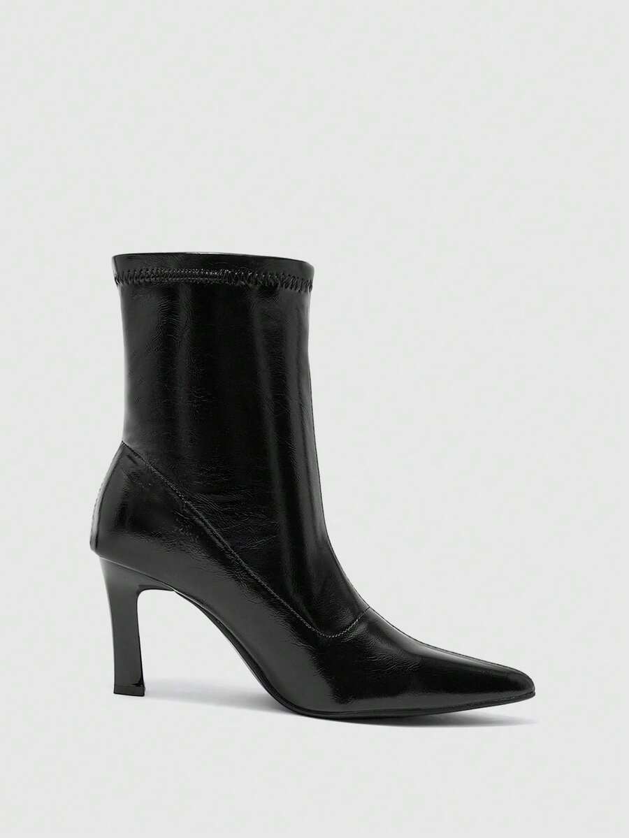 CUCCOO BIZCHIC Autumn And Winter Pointed Thick High-Heeled Elastic Sleeve Medium Boots - Black - View 1