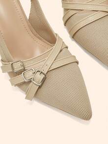 CUCCOO BASICS Women Shoes Pointed Thick High Heel Apricot Knitted Multi-Strip Buckle Comfortable And Breathable Daily Versatile Commuter Women's High Heel Shoes Fall Shoes - Apricot 5 - View 10
