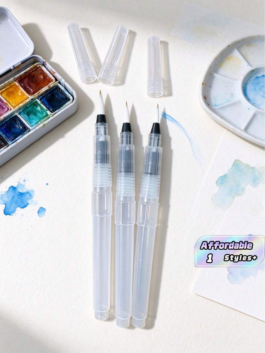 3pcs Transparent Watercolor Water-Soluble Spray Pen, Suitable For Calligraphy And Painting Practice, Must-Have For School, Stationery Items - Multicolor - View 1