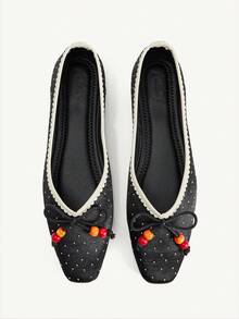 CUCCOO CHICEST Fashion Elegant Gentle Versatile Polka Dot Bow Beaded Flat Bottom Low Vamp Commuter Black Shoes - Black - View 1