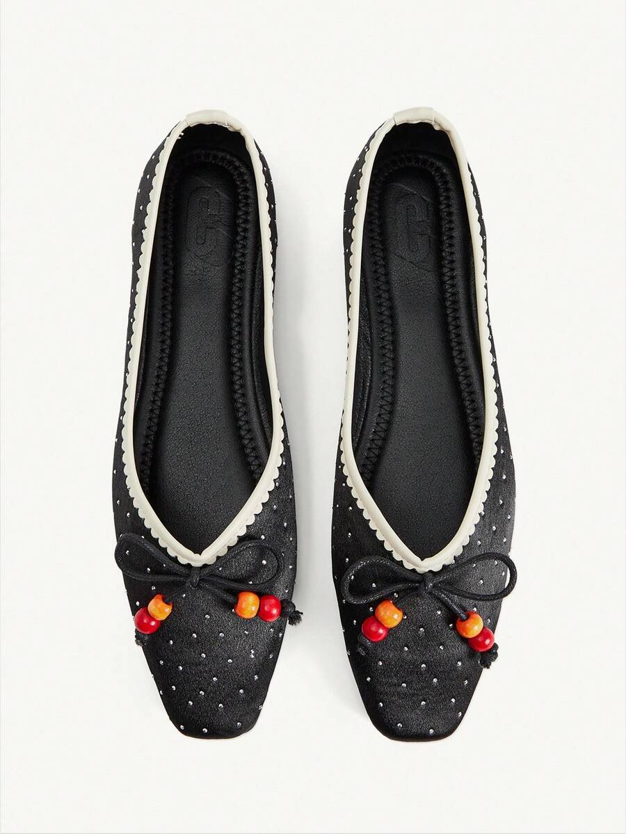 CUCCOO CHICEST Fashion Elegant Gentle Versatile Polka Dot Bow Beaded Flat Bottom Low Vamp Commuter Black Shoes - Black - View 1
