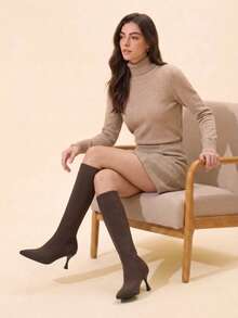 CUCCOO BASICS Women's Pointed Toe Fabric Wine Glass Heel Knee-High Boots, Classic Holiday Commute Boots - dark coffee - View 2