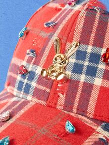 Popjeli 1Pcs Women Ripped Plaid Rhinestone Gold Rabbit Badge Woven Breathable Y2K Grunge Streetwear Baseball Cap For Daily Party Music Festival - Multicolor - View 8