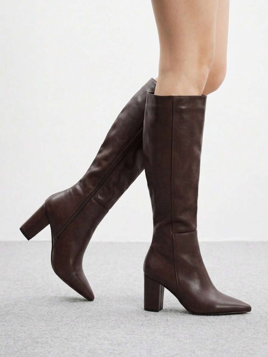 CUCCOO BIZCHIC Women's Classic Chunky Heel Side Zipper Boots, Pointed Toe Coffee Brown High Heel Knee-High Boots, Suitable For Date And Commute - Brown - View 1