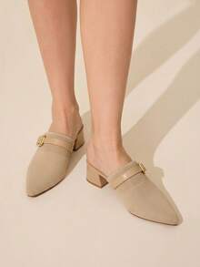 CUCCOO BASICS Women's Spring And Summer New Square Buckle Strip With Pointed Toe Thick Heel Khaki Knitted Women's High-Heeled Shoes Comfortable Commuting Fall Shoes - Khaki - View 1