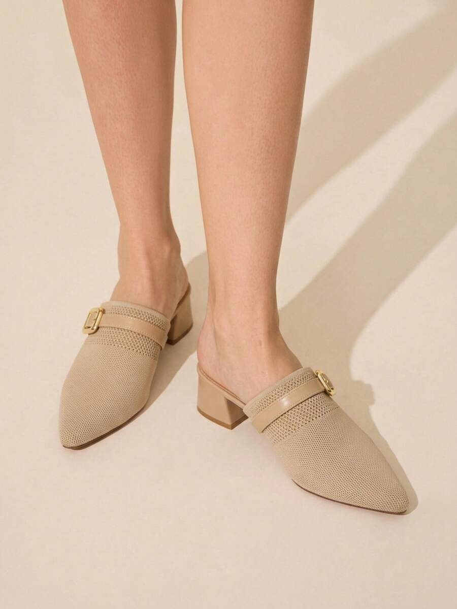 CUCCOO BASICS Women's Spring And Summer New Square Buckle Strip With Pointed Toe Thick Heel Khaki Knitted Women's High-Heeled Shoes Comfortable Commuting Fall Shoes - Khaki - View 1