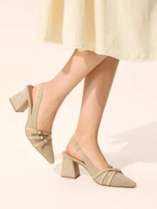 CUCCOO BASICS Women Shoes Pointed Thick High Heel Apricot Knitted Multi-Strip Buckle Comfortable And Breathable Daily Versatile Commuter Women's High Heel Shoes Fall Shoes - Apricot 5 - View 4