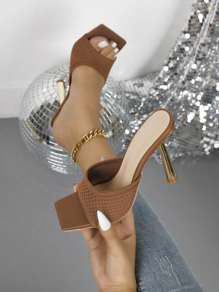 Alvarani Women's Brown Knitted Square Toe High-Heeled Sandals Are Suitable For Dating Nightclubs - Khaki - View 1