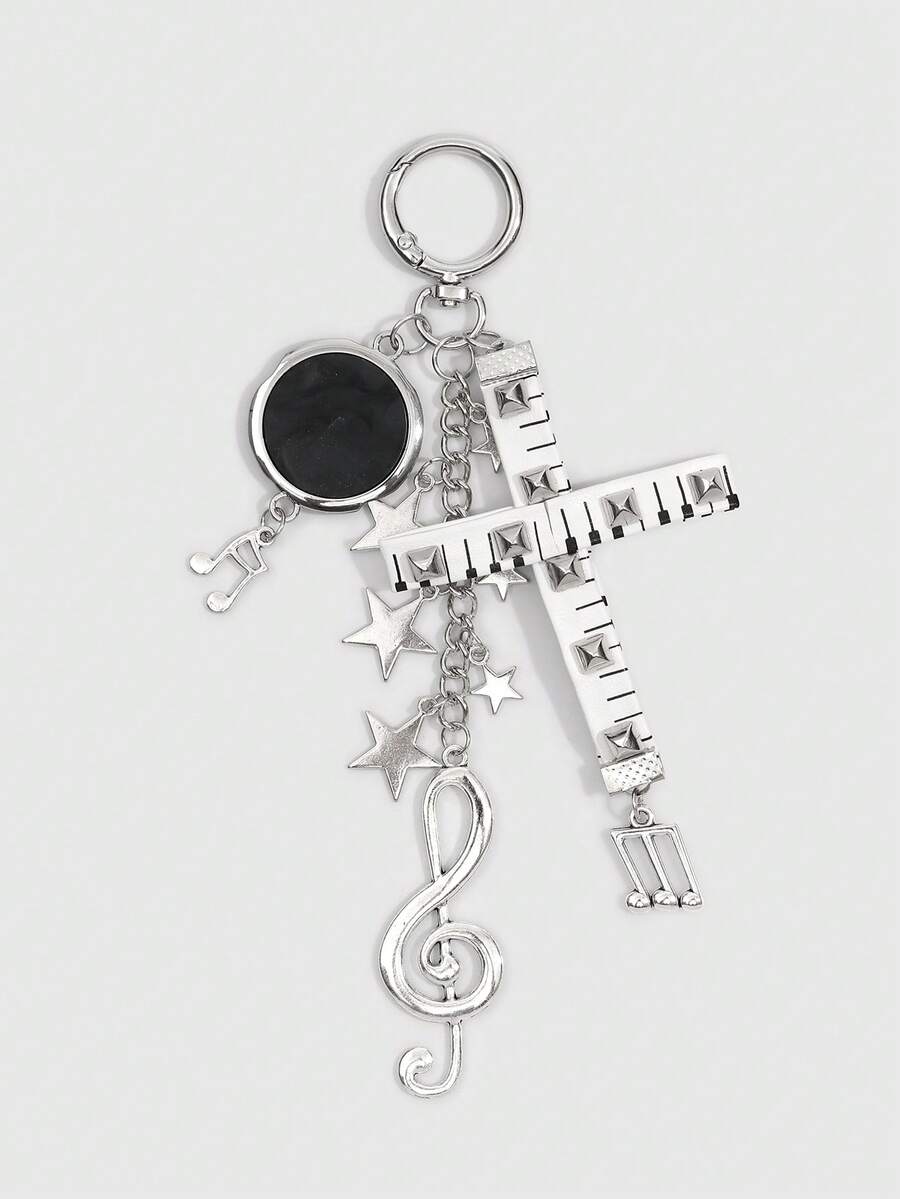 ROMWE Millennium Retro Punk Style Black And White Hit Silver Music Elements Splicing Combination Rivet Piano Cross Note Pentagram Personality Decoration Bag - White - View 1
