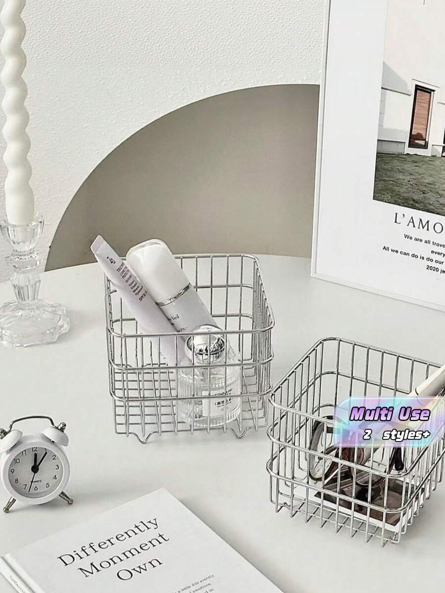 Square Stainless Steel Metal Storage Basket Organizer For Desktop Cosmetic Home - Multicolor - View 1