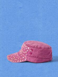 Popjeli Y2K Punk Metal Stud Flat Top Cadet Hat, Distressed Washed Rivet Army Cap, Retro Streetwear Adjustable Sun Cap For Club Street Outfit - Multicolor - View 6