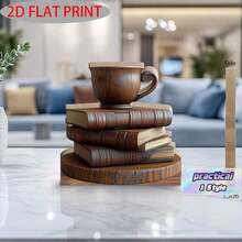One Piece Of Antique Wooden Decor In Book And Coffee Cup Shape - Printed Artwork, Suitable For Home And Study, Classic Style, Ideal Gift For Book Lovers And Coffee Enthusiasts (18.03 Cm * 20.07 Cm), Coffee Table Decor - Multicolor - View 1