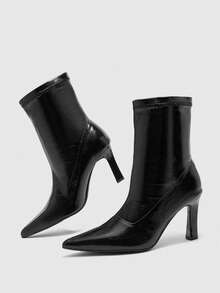 CUCCOO BIZCHIC Autumn And Winter Pointed Thick High-Heeled Elastic Sleeve Medium Boots - Black - View 5