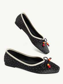 CUCCOO CHICEST Fashion Elegant Gentle Versatile Polka Dot Bow Beaded Flat Bottom Low Vamp Commuter Black Shoes - Black - View 4
