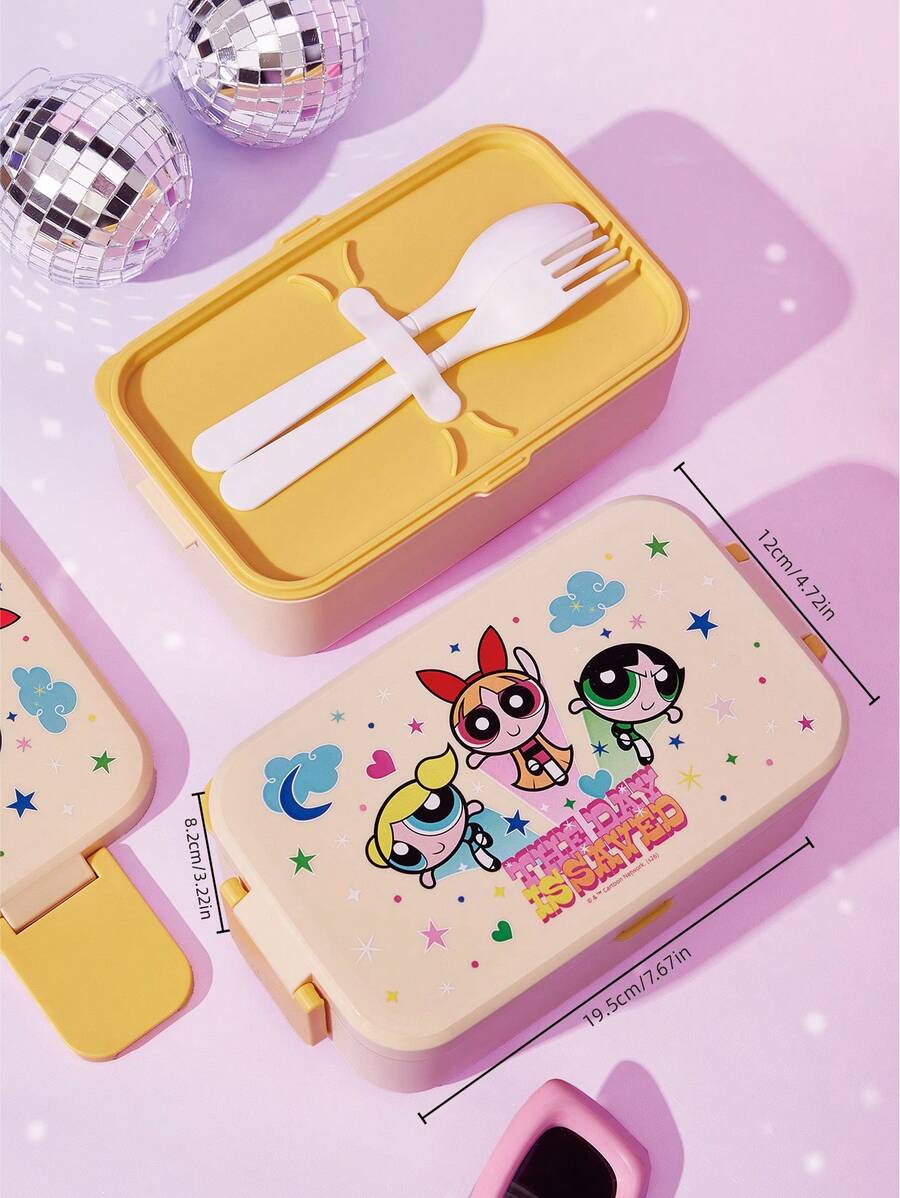 THE POWERPUFF GIRLS X Joivida Cute Powerpuff Girls Printed Bento Box, Portable Leak-Proof Lunch Box, Food Storage Case For School Office Picnic, Remove Lid Before Microwave Heating - Yellow - View 1