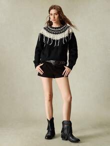 Styleloop Black Double Layer Tassel Western Cowboy Ankle Boots For Women, Woven Strap Pointed Toe Chunky Heel Ankle Boots, Cool Music Festival Party Boots - Black - View 2
