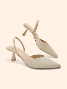 CUCCOO BASICS Women's Beige Pointed Toe V-Neck Fine Textured Hollow Out Mid-High Heel Versatile Commuter Pumps - Khaki - View 2