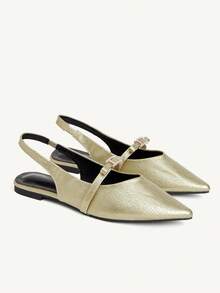 CUCCOO CHICEST Pointed Back Empty Thin Strap Flat-Soled Shoes, Diamond-Encrusted Small Square Buckle Commuting Versatile Rear Strap Women's Shoes - Gold - View 2