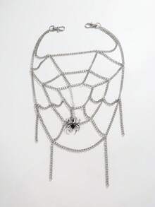 ROMWE Goth 1件街頭龐克蜘蛛吊墜腰鍊，個性化哥德蜘蛛網身體鍊，褲子裝飾，日常萬聖節派對穿搭，中性款 - 銀色-蜘蛛網腰鏈 - 查看 3