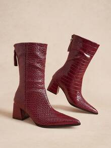 Rosivie Autumn And Winter Crocodile Pattern Medium Boots Women's Pointed Toe Thick Heel Back Zipper Thin Boots Retro Burgundy Embossed Elegant High Heel Winter Boots - Burgundy 2 - View 4