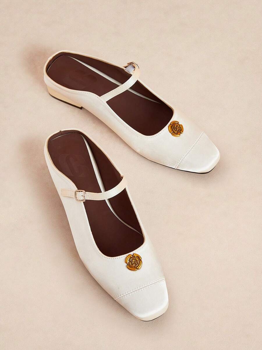 Rosivie French Splicing Square Toe With Closed Toe Slippers Backless Elegant Simple And Comfortable Sandals Square Toe Low Vamp Commuting - Champagne - View 1