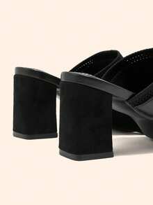 CUCCOO BASICS Women's Pointed Toe High Thick Heel Black Knitted Surface Buckle Women's Rear Empty Shoes Daily Commuting Elegant Breathable Elegant High - Black - View 8