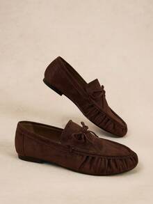 Rosivie Autumn And Winter Round Toe Folded Bow Flat Loafers Vintage Commuter - dark brown - View 5