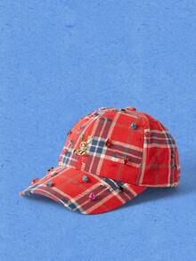 Popjeli 1Pcs Women Ripped Plaid Rhinestone Gold Rabbit Badge Woven Breathable Y2K Grunge Streetwear Baseball Cap For Daily Party Music Festival - Multicolor - View 4