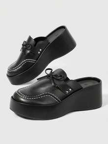 Sugerpunk Retro Bow Dew Heel Mule Shoes Women's, Platform Sole Slip-On Punk Style Versatile Outdoor Cool Slippers, Summer Wear - Black - View 1