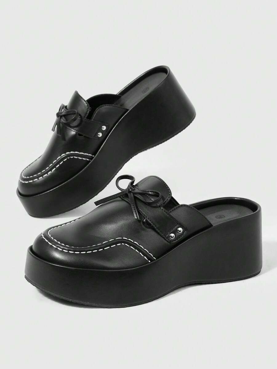 Sugerpunk Retro Bow Dew Heel Mule Shoes Women's, Platform Sole Slip-On Punk Style Versatile Outdoor Cool Slippers, Summer Wear - Black - View 1