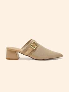 CUCCOO BASICS Women's Spring And Summer New Square Buckle Strip With Pointed Toe Thick Heel Khaki Knitted Women's High-Heeled Shoes Comfortable Commuting Fall Shoes - Khaki - View 5