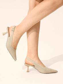 CUCCOO BASICS Women's Off-White Pointed Toe Slingback Woven Low Heel Pumps Daily Office Fall Shoes - Apricot - View 5